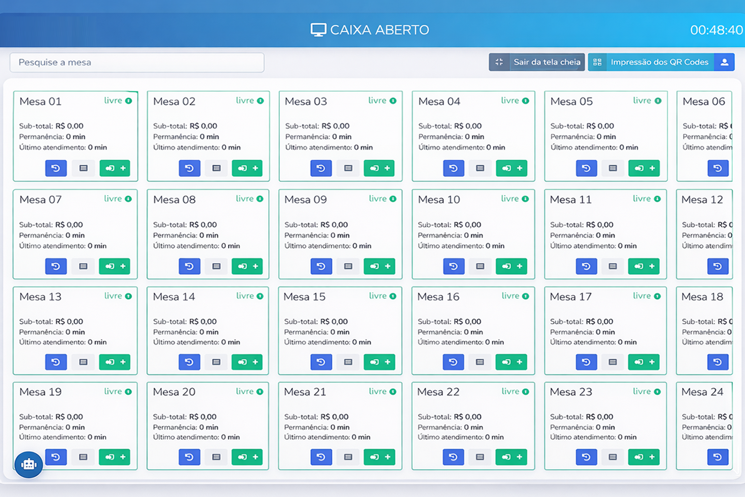 Tela de mesas do sistema Marcell Food 