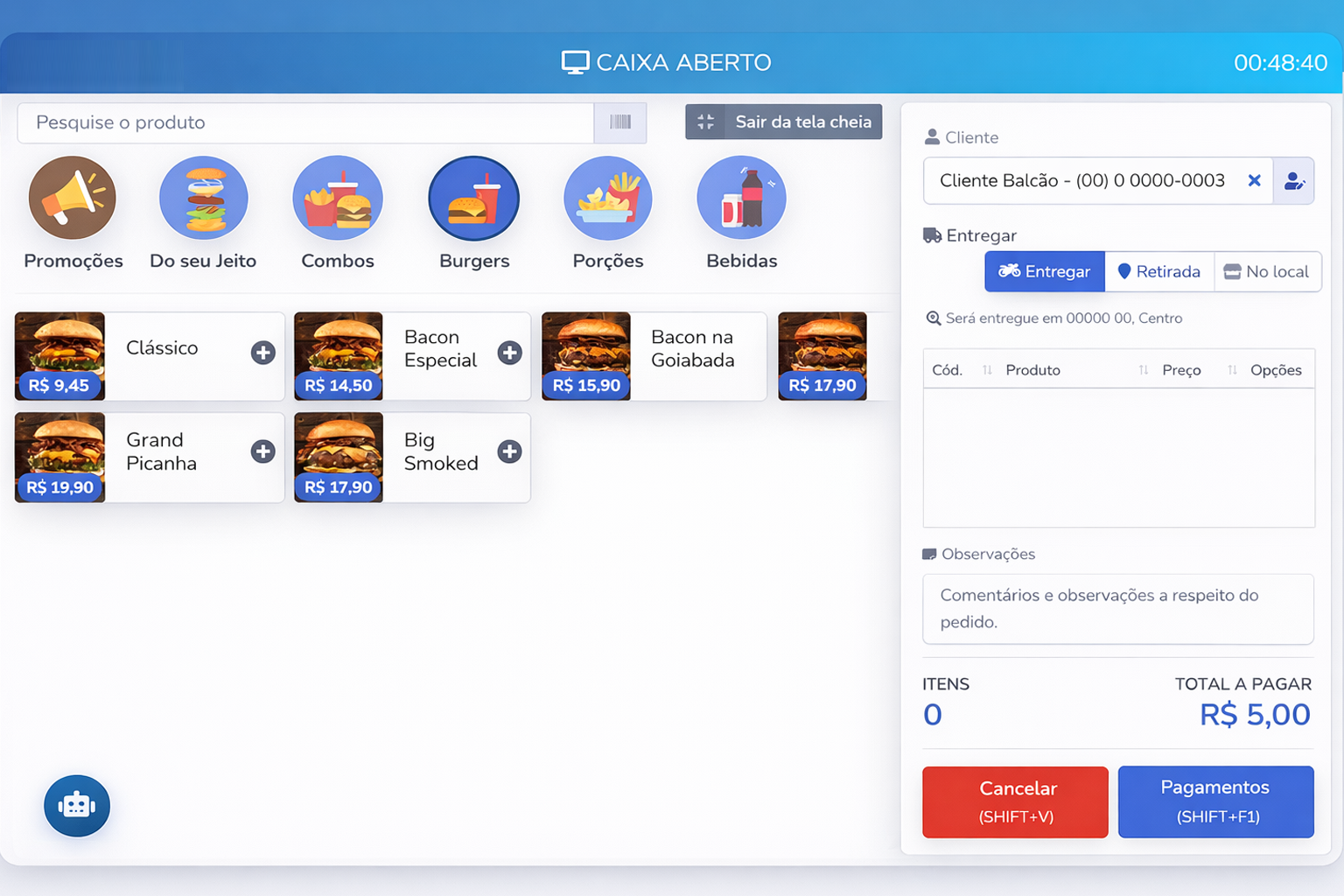 Tela de pedidos do sistema Marcell Food 